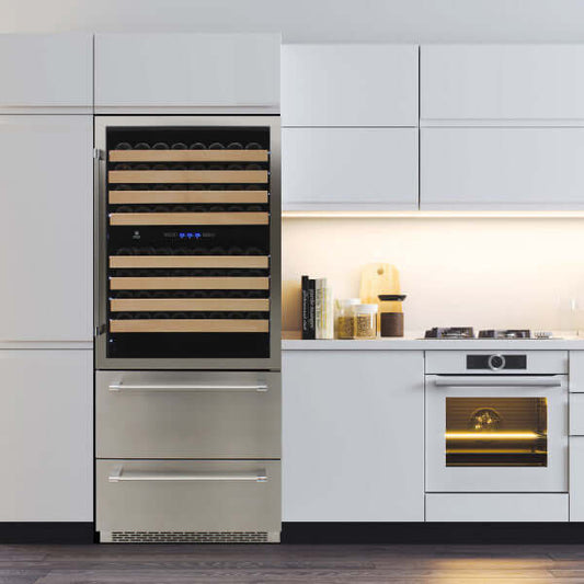 Vinotemp 135 Bottle Triple Zone Wine and 2 Drawer Beverage Cooler - front view with background