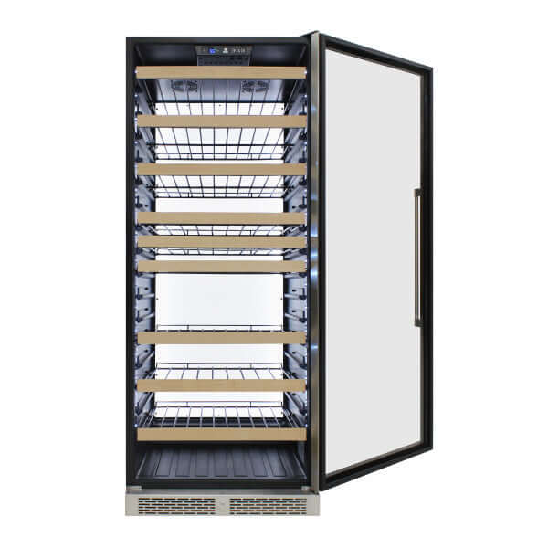 Vinotemp 173 Bottle Backlit Series Single Zone Wine Cooler with White Backlit Panel - front view with door open