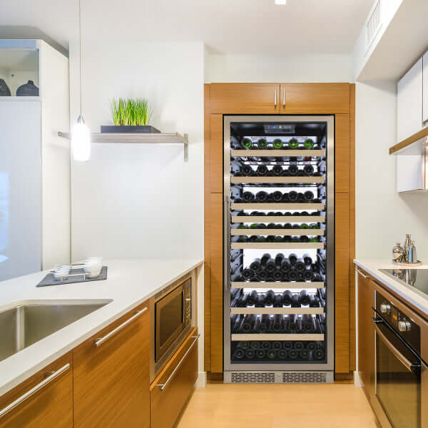 Vinotemp 173 Bottle Backlit Series Single Zone Wine Cooler with White Backlit Panel - front view with background