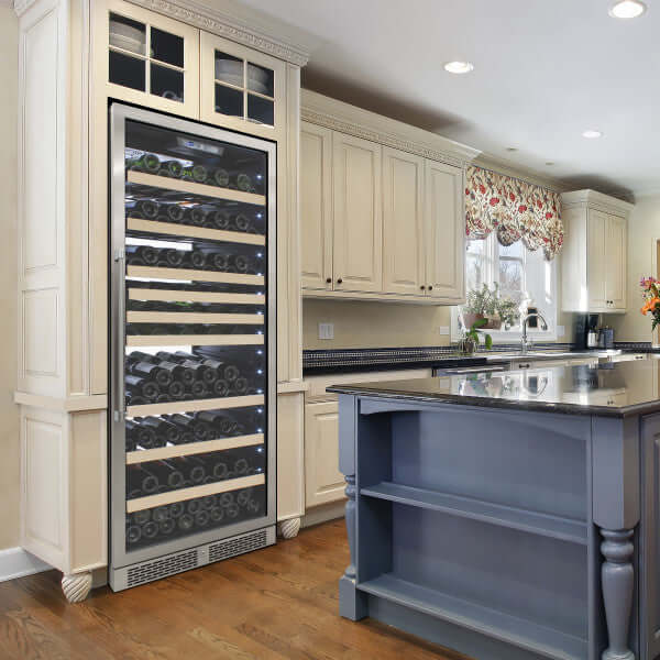 Vinotemp 173 Bottle Backlit Series Single Zone Wine Cooler with White Backlit Panel - front view with different background