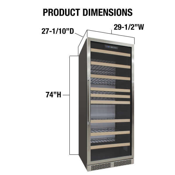 Vinotemp 173 Bottle Backlit Series Single Zone Wine Cooler with White Backlit Panel - front view with dimensions