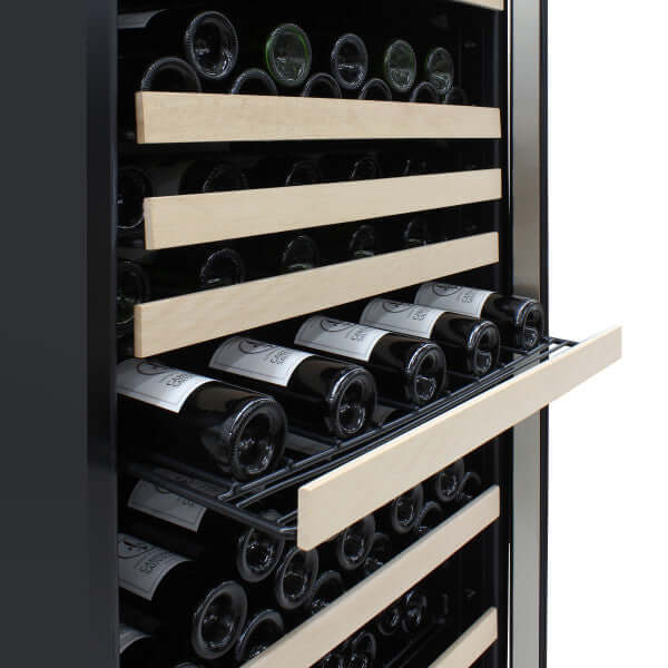 Vinotemp 173 Bottle Backlit Series Single Zone Wine Cooler with White Backlit Panel - front view with drawer open