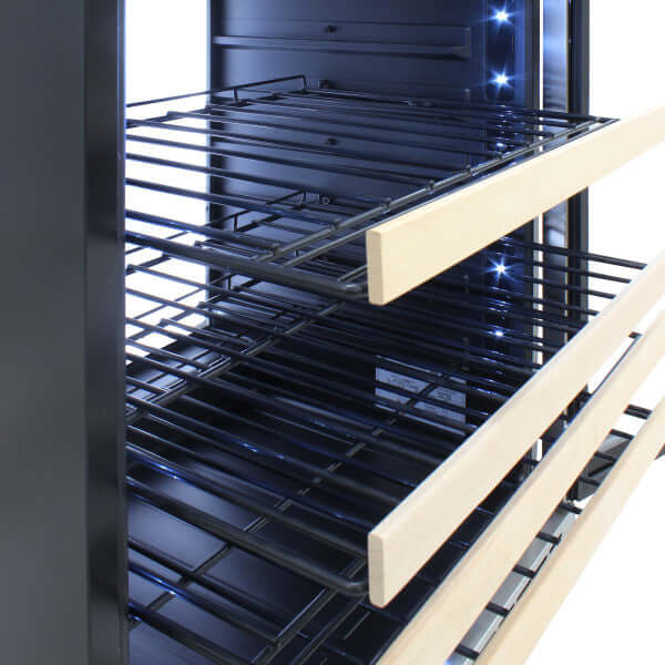 Vinotemp 173 Bottle Backlit Series Single Zone Wine Cooler with White Backlit Panel - front view drawer open no bottles