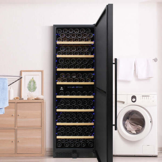Vinotemp 203 Bottle Dual Zone Wine Cooler for Outdoor/Garage - front view with background