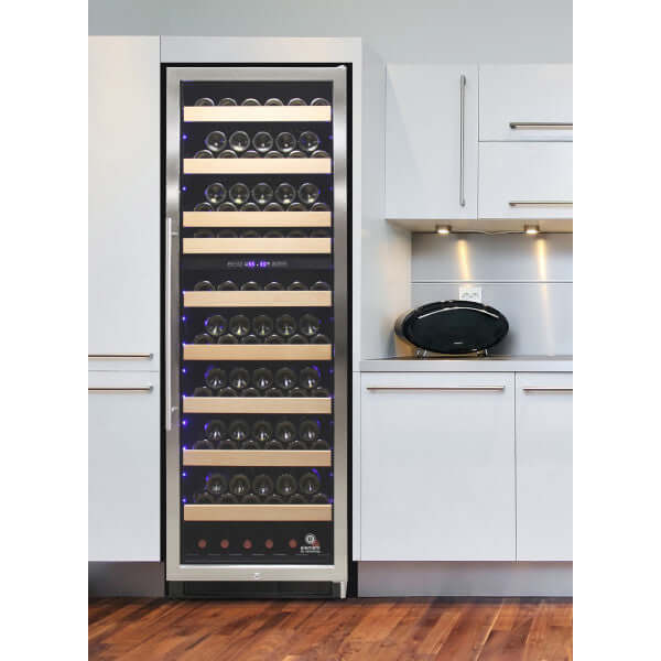 Vinotemp 215 Bottle Connoisseur Series Dual Zone Wine Cooler - front view with background