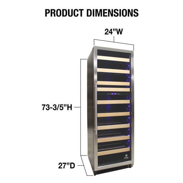 Vinotemp 215 Bottle Connoisseur Series Dual Zone Wine Cooler - front view with dimensions