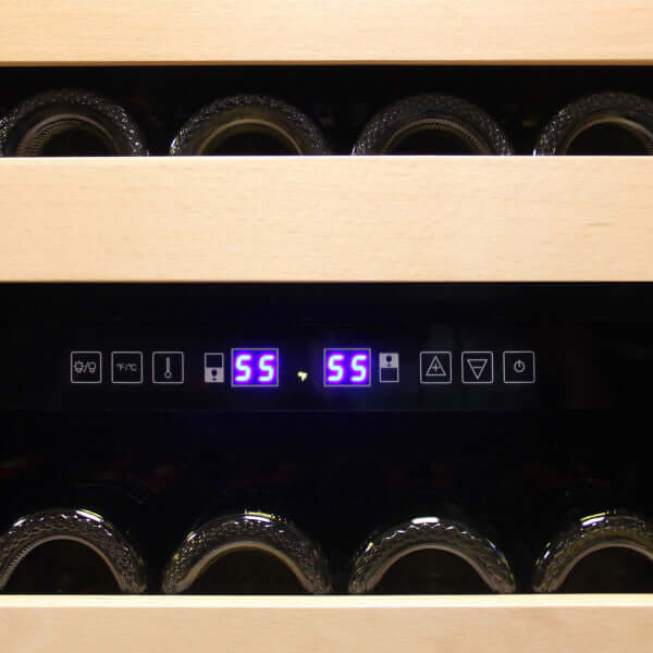 Vinotemp 215 Bottle Connoisseur Series Dual Zone Wine Cooler - front view zoomed in top part