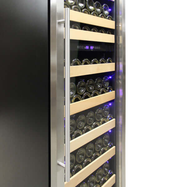Vinotemp 215 Bottle Connoisseur Series Dual Zone Wine Cooler - side view no bottles door closed