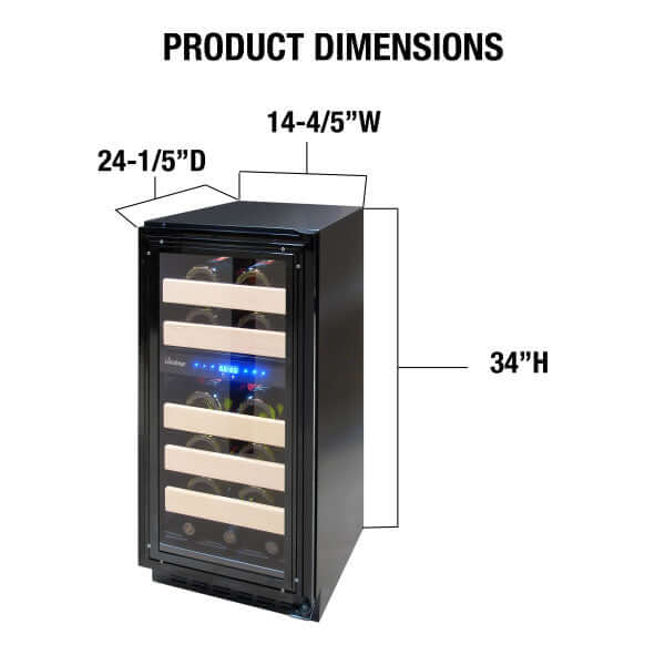 Vinotemp 28 Bottle Private Reserve Series Dual Zone Wine Cooler - front view with dimensions