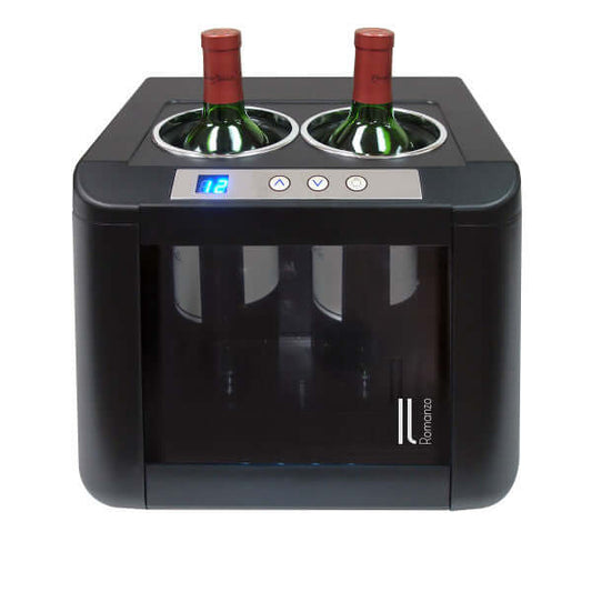 Vinotemp 2 Bottle Il Romanzo Series Single Zone Open Wine Cooler - front view with bottles