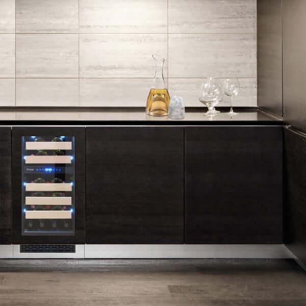 Vinotemp 32 Bottle Private Reserve Series Dual Zone Wine Cooler - front view with background