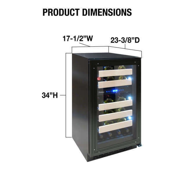 Vinotemp 32 Bottle Private Reserve Series Dual Zone Wine Cooler - front view with dimensions