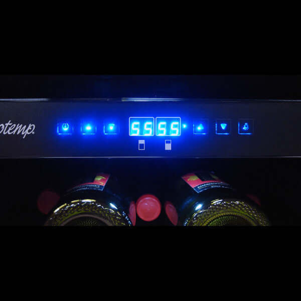 Vinotemp 32 Bottle Private Reserve Series Dual Zone Wine Cooler - front view zoomed in with bottles