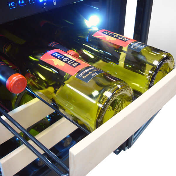 Vinotemp 32 Bottle Private Reserve Series Dual Zone Wine Cooler - front view drawer open with bottles