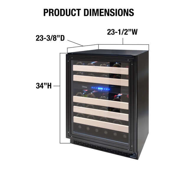 Vinotemp 46 Bottle Private Reserve Series Dual Zone Wine Cooler - front view with dimensions