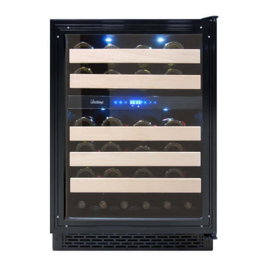 Vinotemp 46 Bottle Private Reserve Series Dual Zone Wine Cooler - front view door closed with bottles