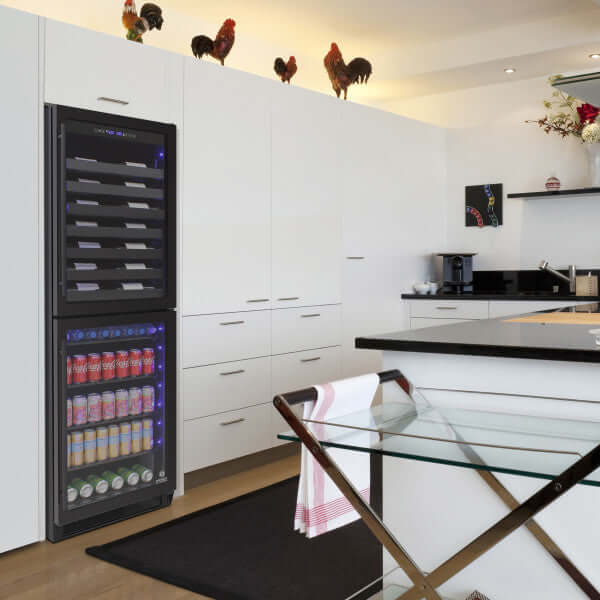 Vinotemp Butler Series Dual Zone Wine and Beverage Cooler - front view with background