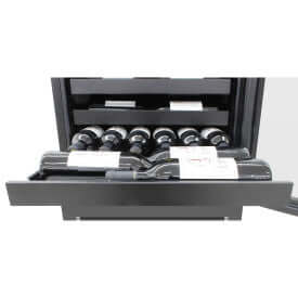 Vinotemp Butler Series Dual Zone Wine and Beverage Cooler - front view with bottles zoomed in