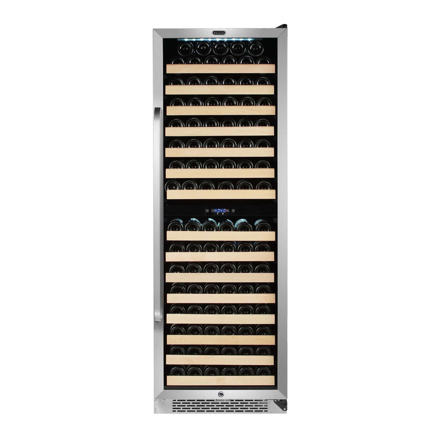 A stainless steel wine cooler with customizable display rack, dual-zone cooling, and LED display. Holds up to 164 standard 750ml wine bottles.
