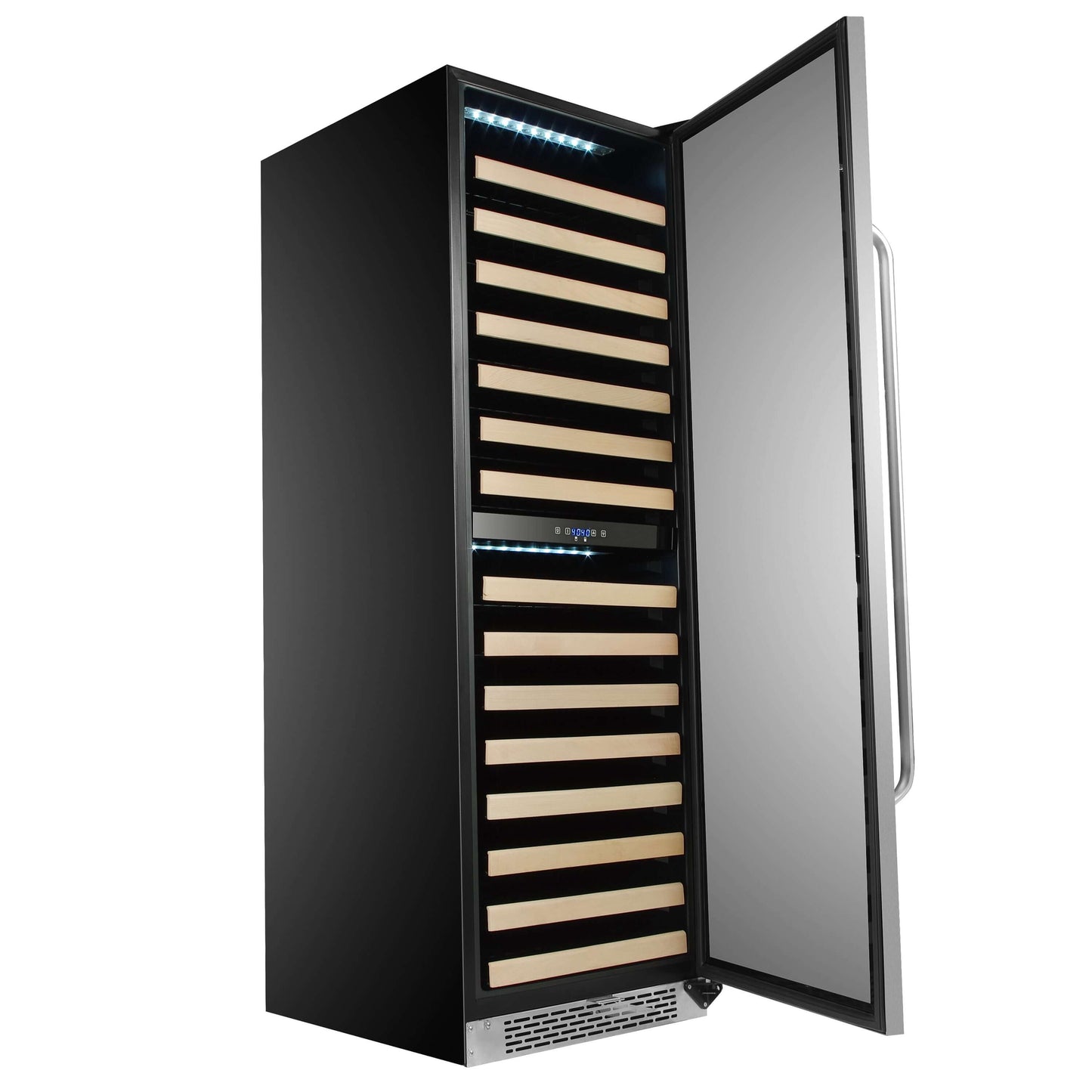 a black refrigerator with a door open, stainless steel finish, dual-zone cooling power, customizable display rack, LED display, curved handlebar