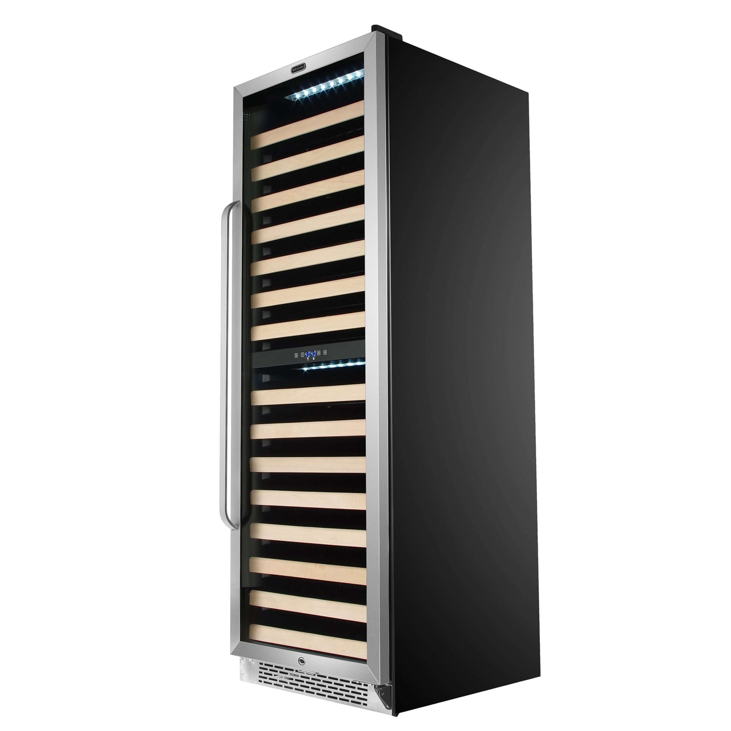 A large black and silver wine cooler with stainless steel finish, dual-zone cooling, LED display, and curved handlebar.