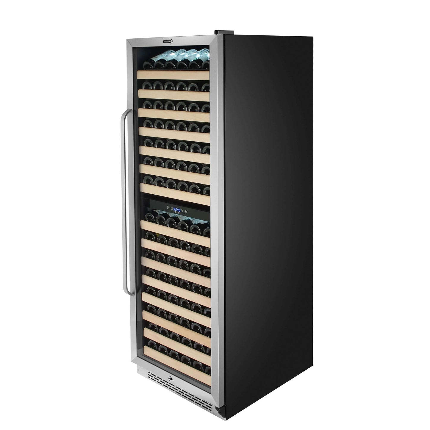 A stainless steel wine cooler with dual-zone cooling and LED display, holding up to 164 standard 750ml wine bottles.