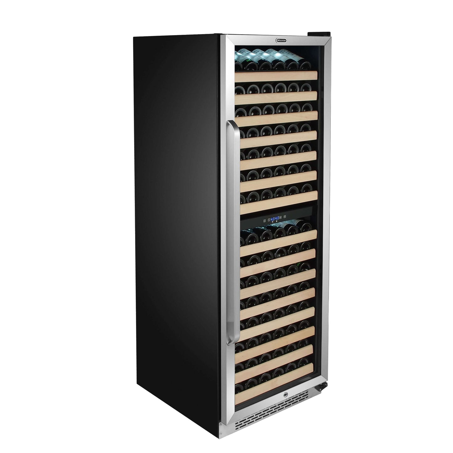 a wine cooler with bottles of wine, stainless steel finish, dual-zone cooling power, customizable display rack, LED display, curved handlebar