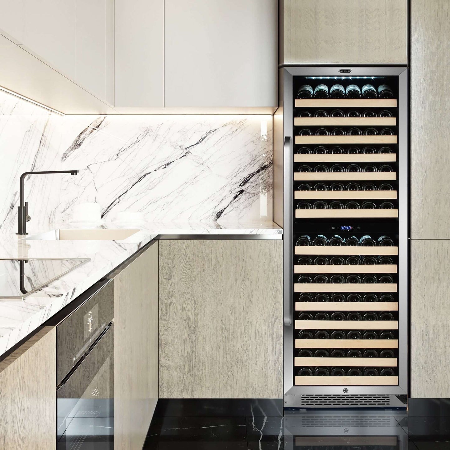 A stainless steel dual-zone wine cooler with a customizable display rack, holding up to 164 standard 750ml wine bottles.