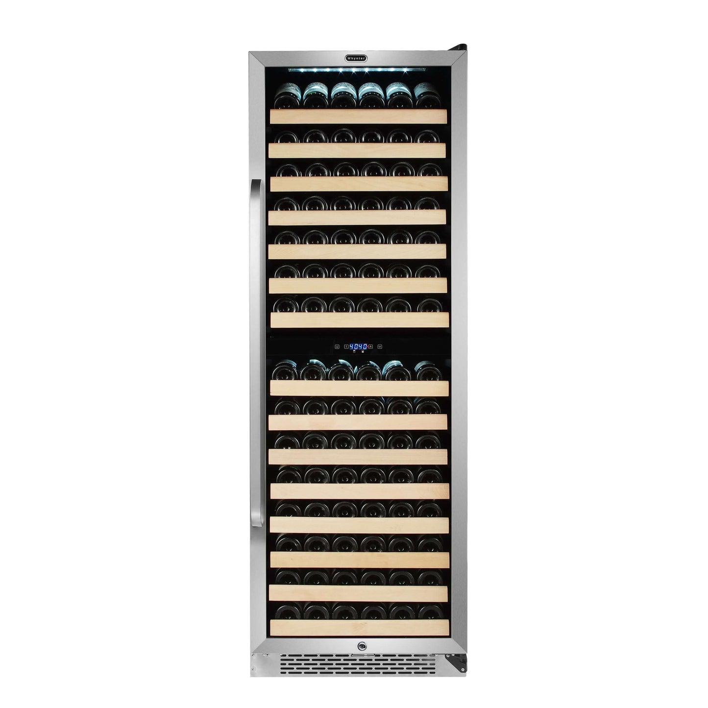A large wine cooler with stainless steel finish, dual-zone cooling, LED display, and curved handlebar. Holds up to 164 standard 750ml wine bottles.