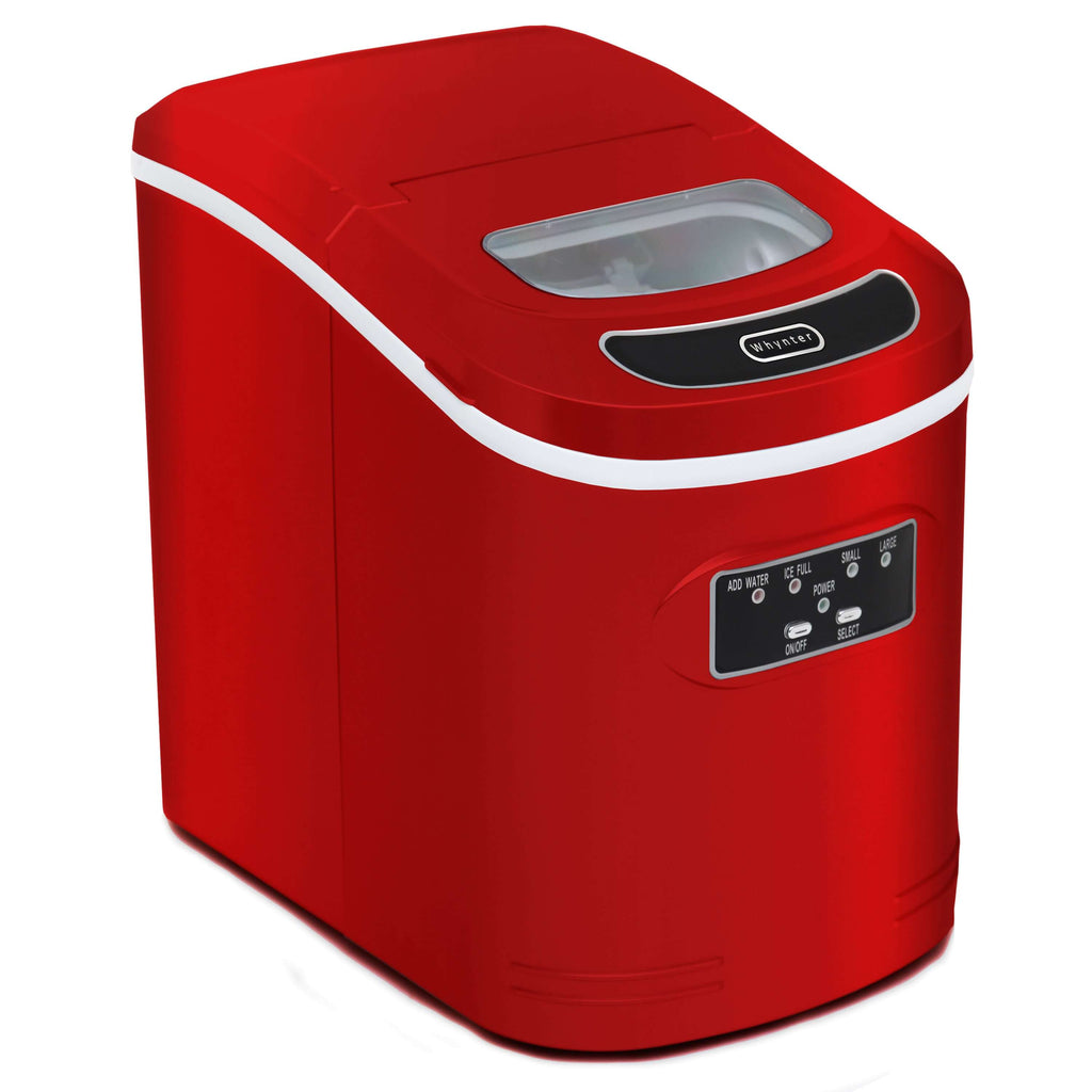 A compact red ice cream machine with a control panel and a water reservoir, capable of producing up to 27 pounds of ice per day.