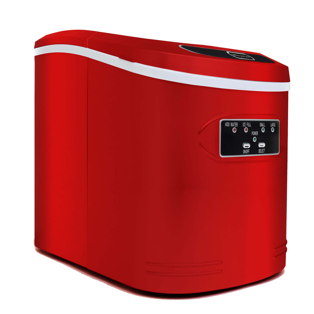 A compact red ice cream machine with buttons and a white border, capable of producing up to 27 pounds of ice per day. No plumbing required.