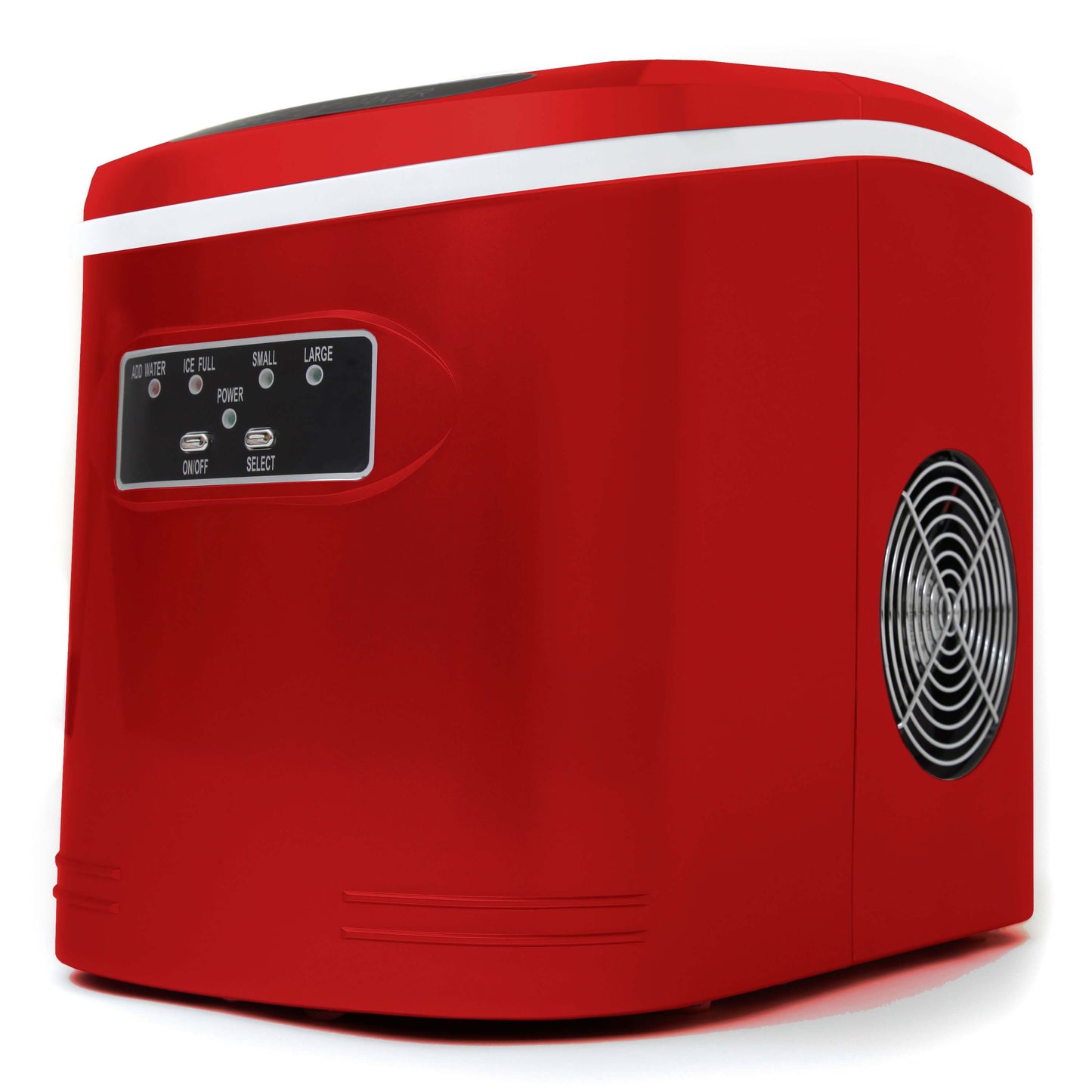 a compact red portable ice maker with a fan, capable of producing up to 27 lbs of bullet-shaped ice cubes per day