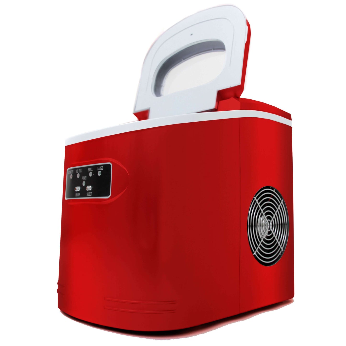 A compact red ice cream machine that produces up to 27 pounds of bullet-shaped ice cubes per day. No plumbing required.
