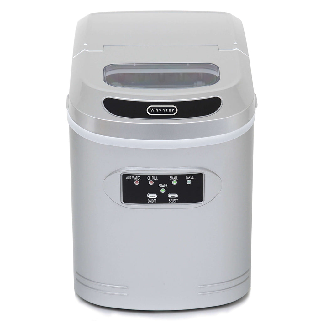 A compact silver ice cream machine with control panel and plastic container. Produces up to 27 lbs of ice per day. No plumbing required.
