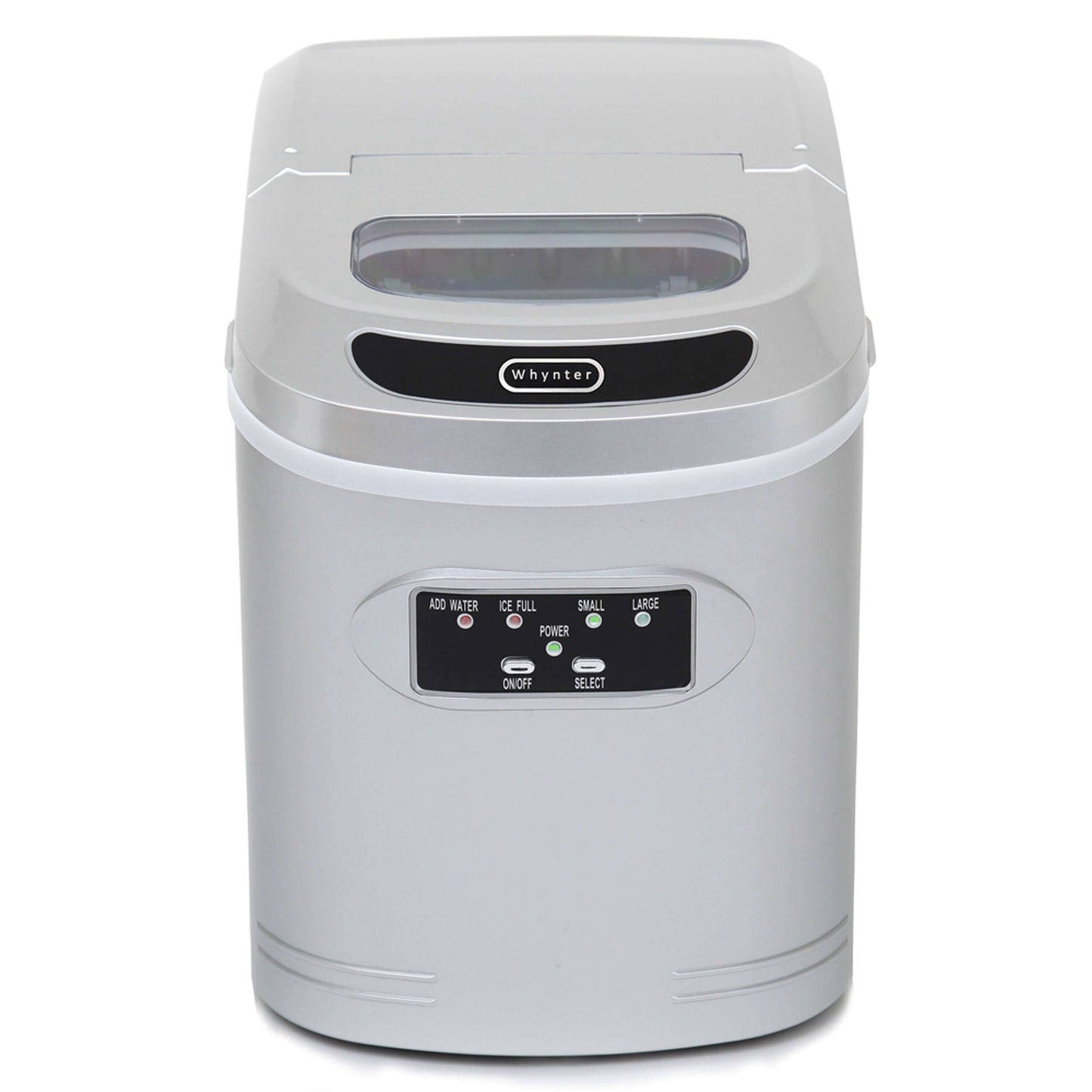 A compact silver ice cream machine with control panel and plastic container. Produces up to 27 lbs of ice per day. No plumbing required.