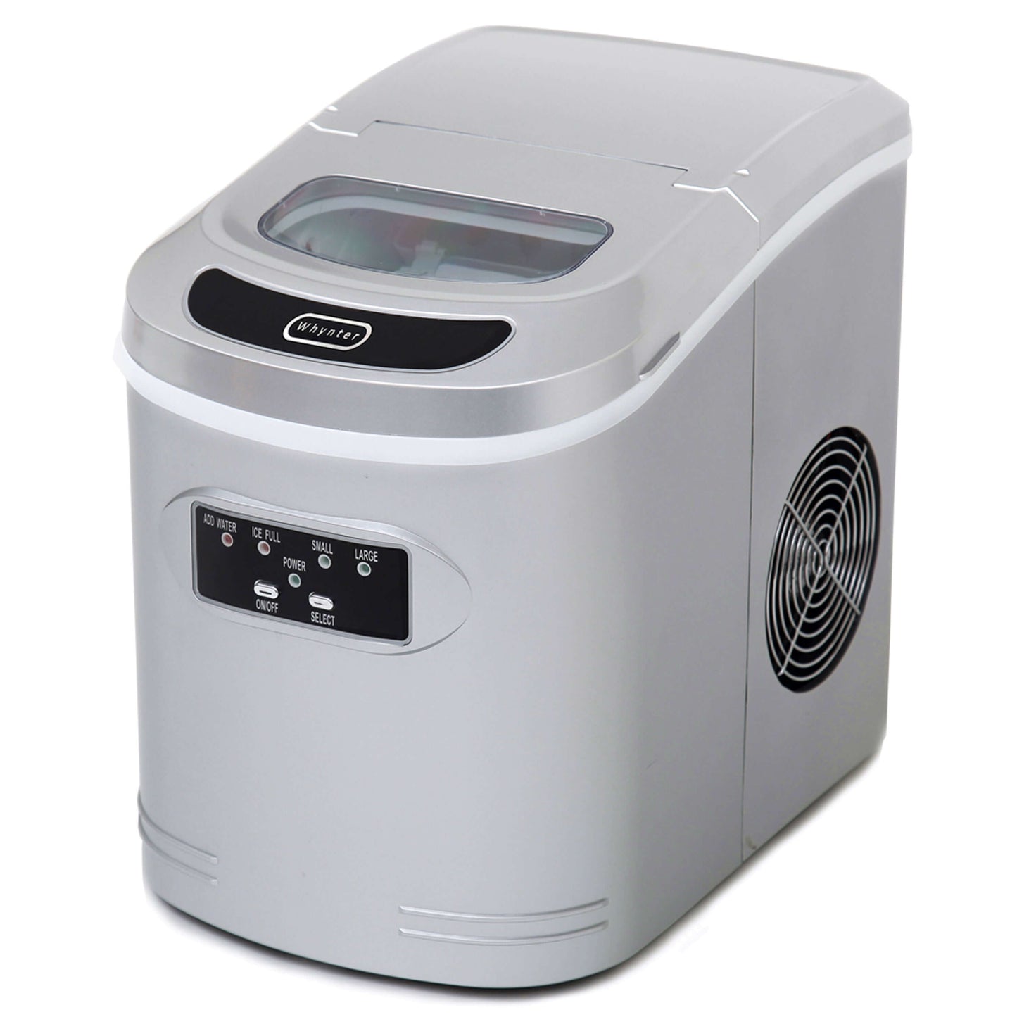 A silver portable ice maker producing bullet-shaped ice cubes, capable of making up to 27 lbs of ice per day. No plumbing required.