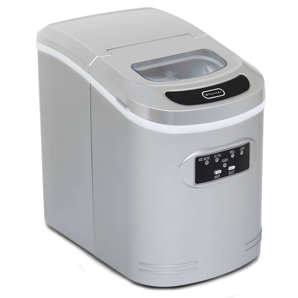 A compact silver ice maker with buttons and a control panel, capable of producing up to 27 lbs of bullet-shaped ice per day. No plumbing required.
