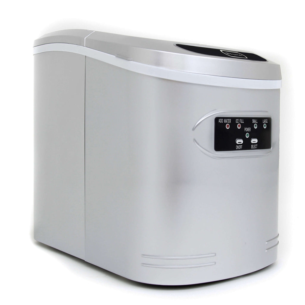 A compact silver portable ice maker with buttons and control panel, producing up to 27 lbs of bullet-shaped ice cubes per day. No plumbing required.