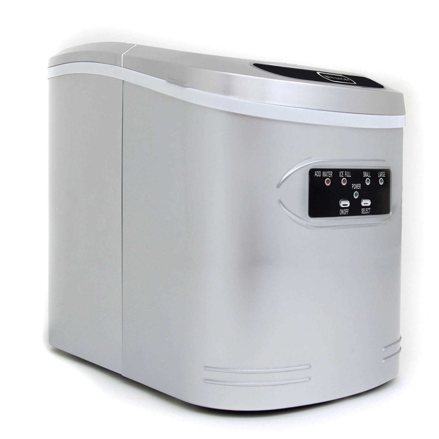 A compact silver portable ice maker with buttons and control panel, producing up to 27 lbs of bullet-shaped ice cubes per day. No plumbing required.