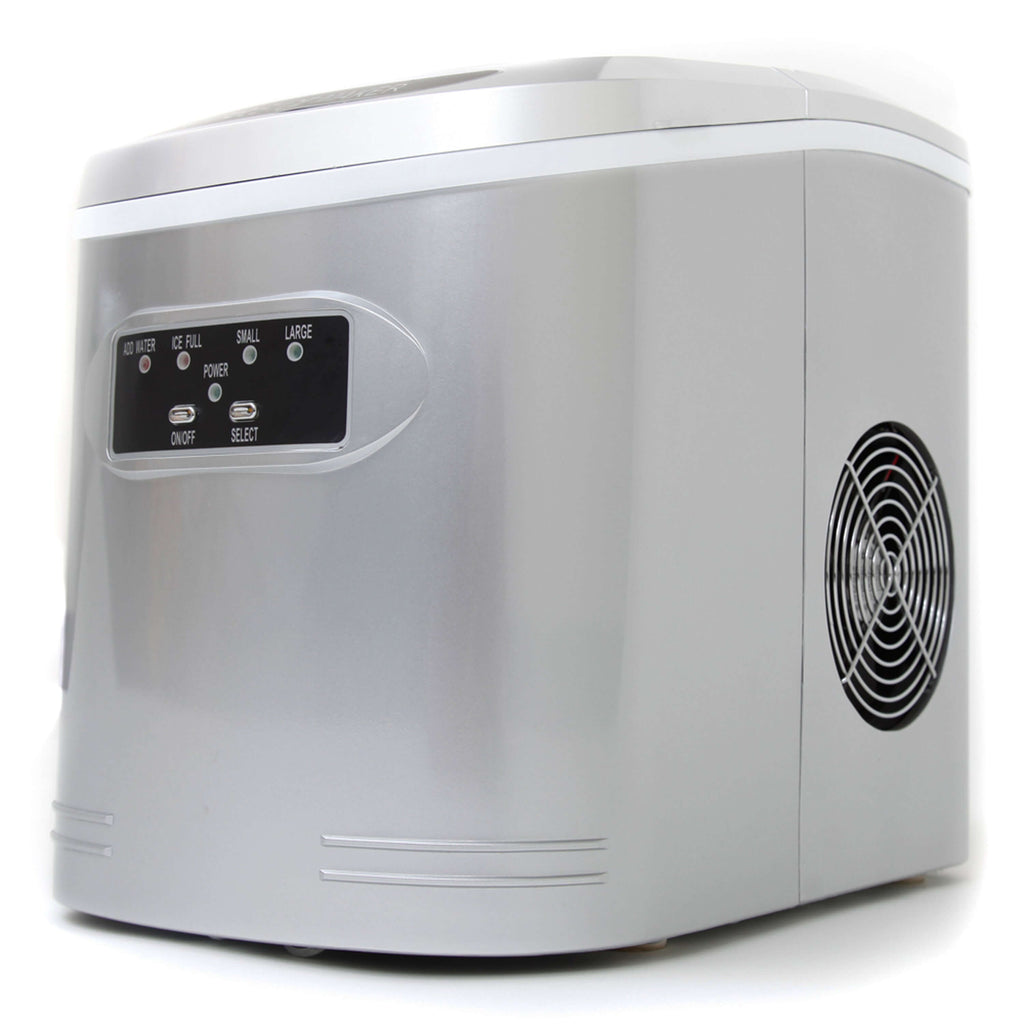 A compact silver portable ice maker with a control panel and vent.