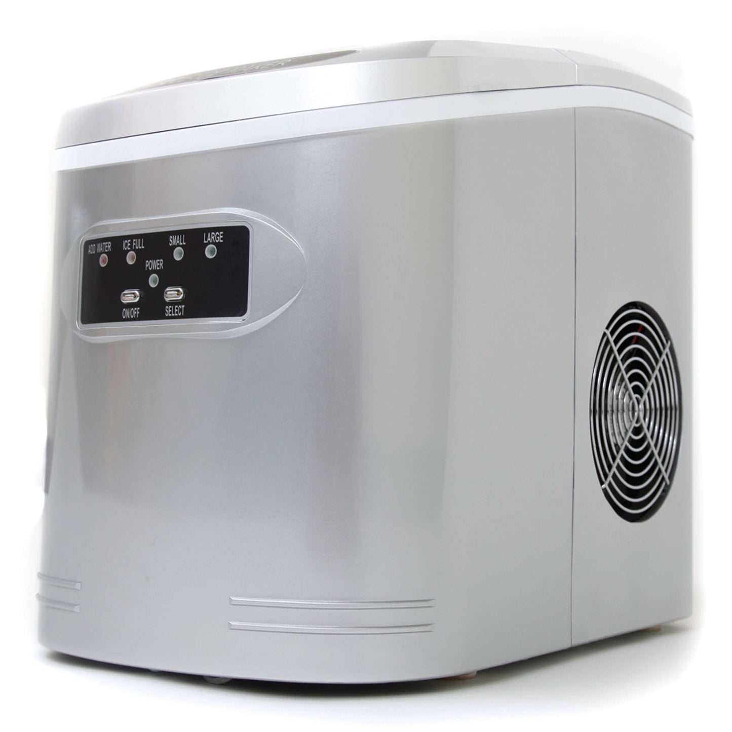 A compact silver portable ice maker with a control panel and vent.