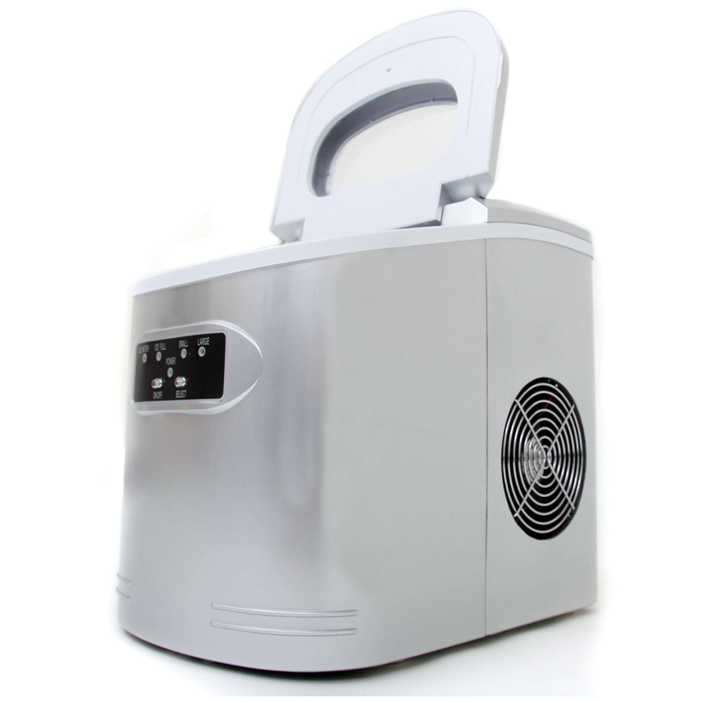 A compact portable ice maker with a white rectangular body and an open lid. It has a control panel, a fan, and a screen.