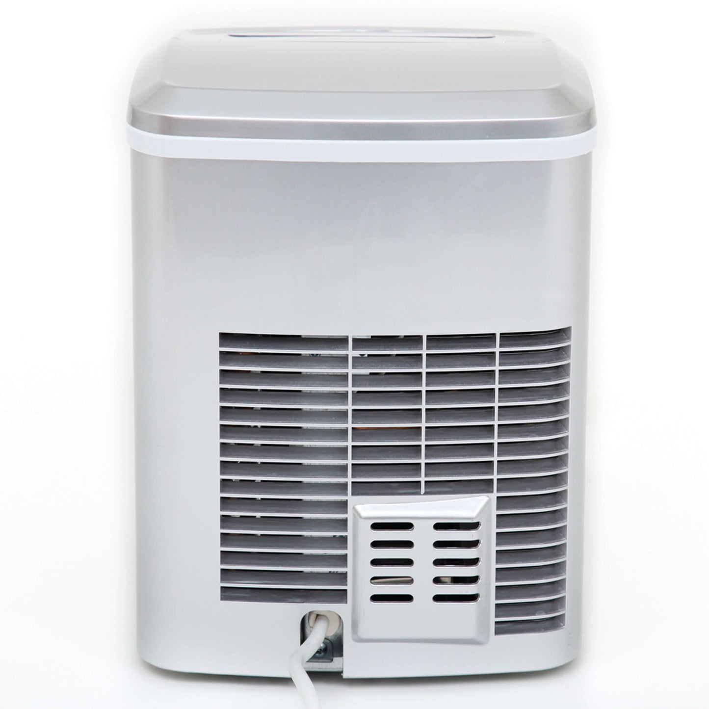 A compact portable ice maker with a white rectangular body and a vent, capable of producing up to 27 pounds of bullet-shaped ice cubes per day. No plumbing required.