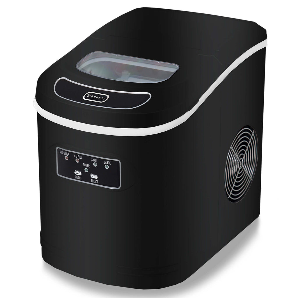 A compact black ice cream machine that produces up to 27 pounds of bullet-shaped ice cubes per day. No plumbing required.