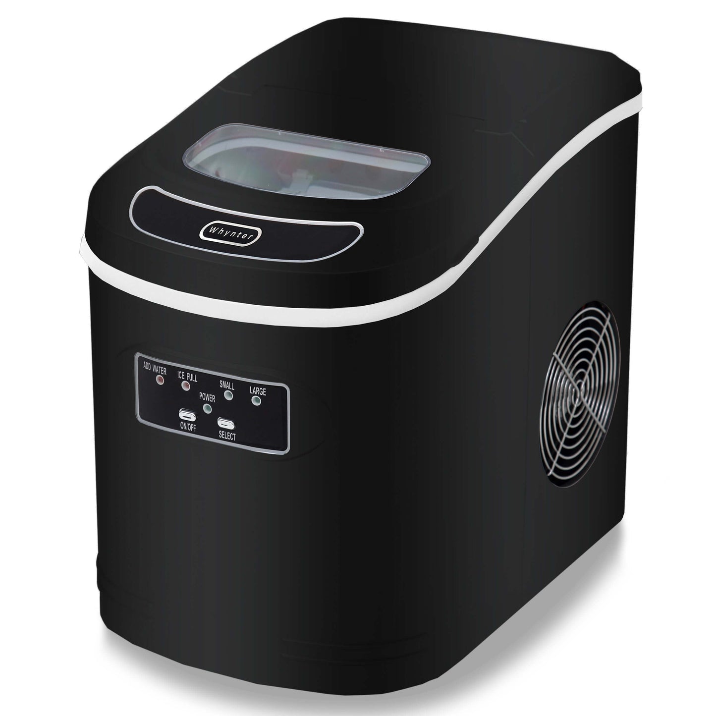 A compact black ice cream machine that produces up to 27 pounds of bullet-shaped ice cubes per day. No plumbing required.
