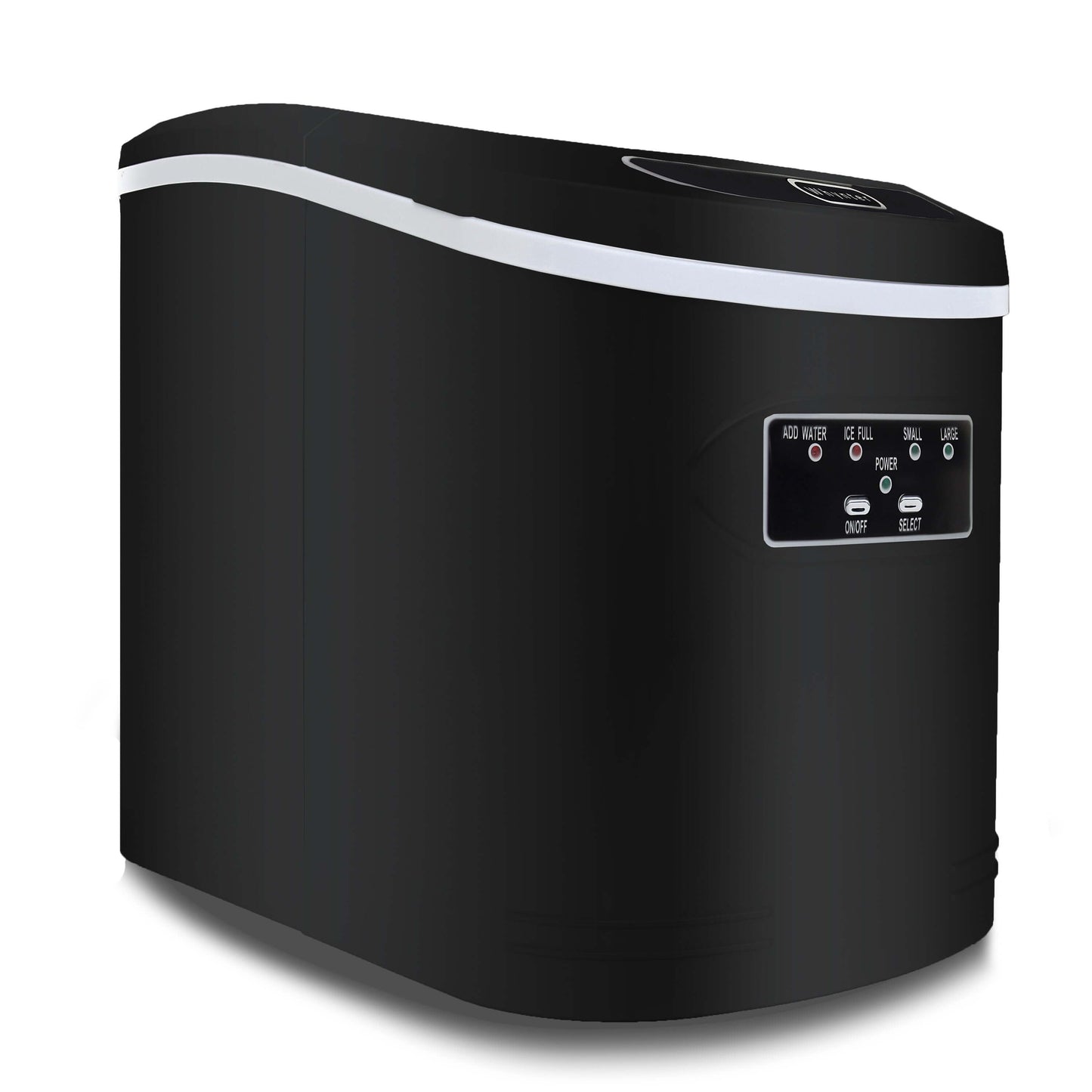 Whynter Compact Portable Ice Maker - A black and white machine producing bullet-shaped ice cubes, up to 27 lbs per day. No plumbing required.