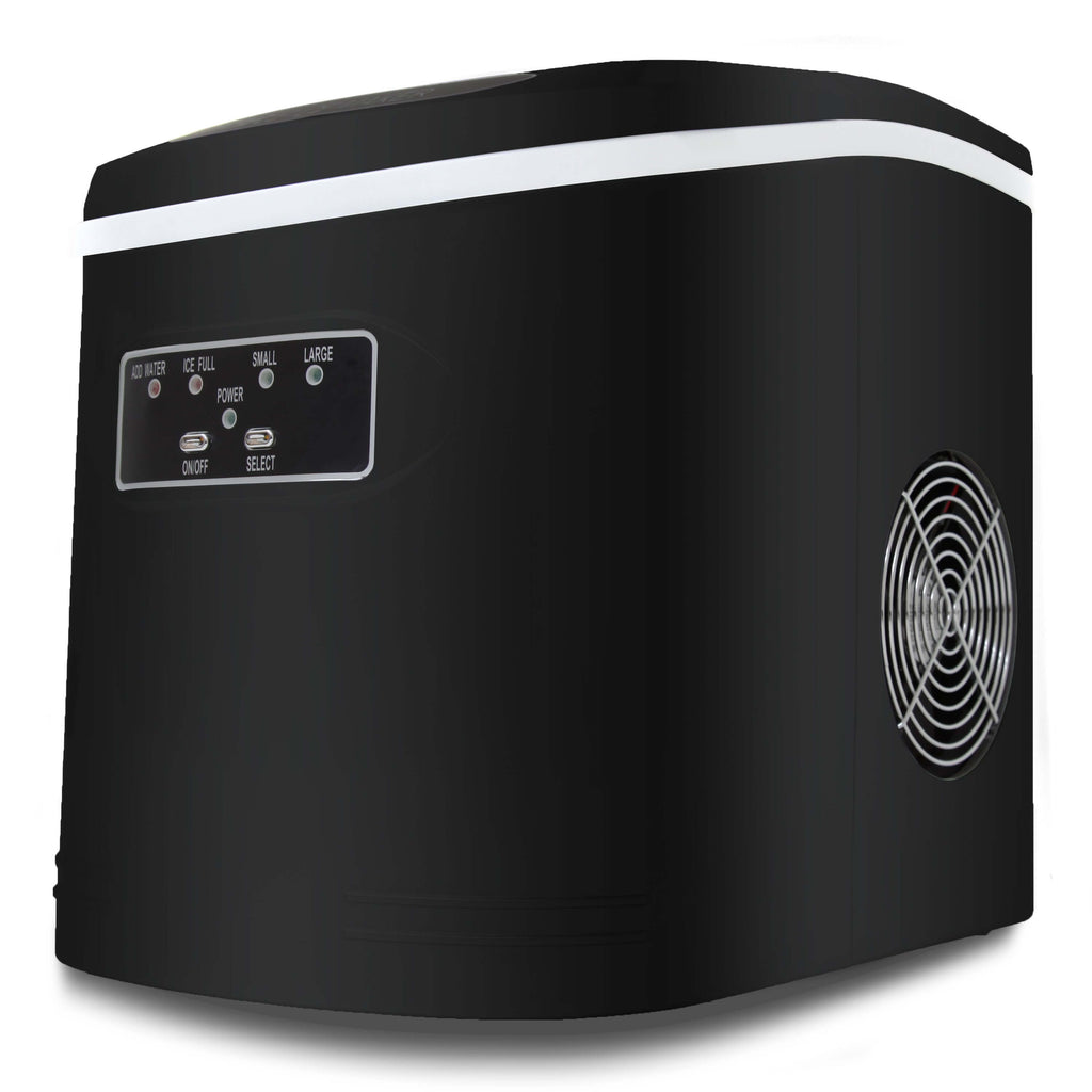 A compact black and white ice maker with a fan, capable of producing up to 27 lbs of bullet-shaped ice cubes per day. No plumbing required.