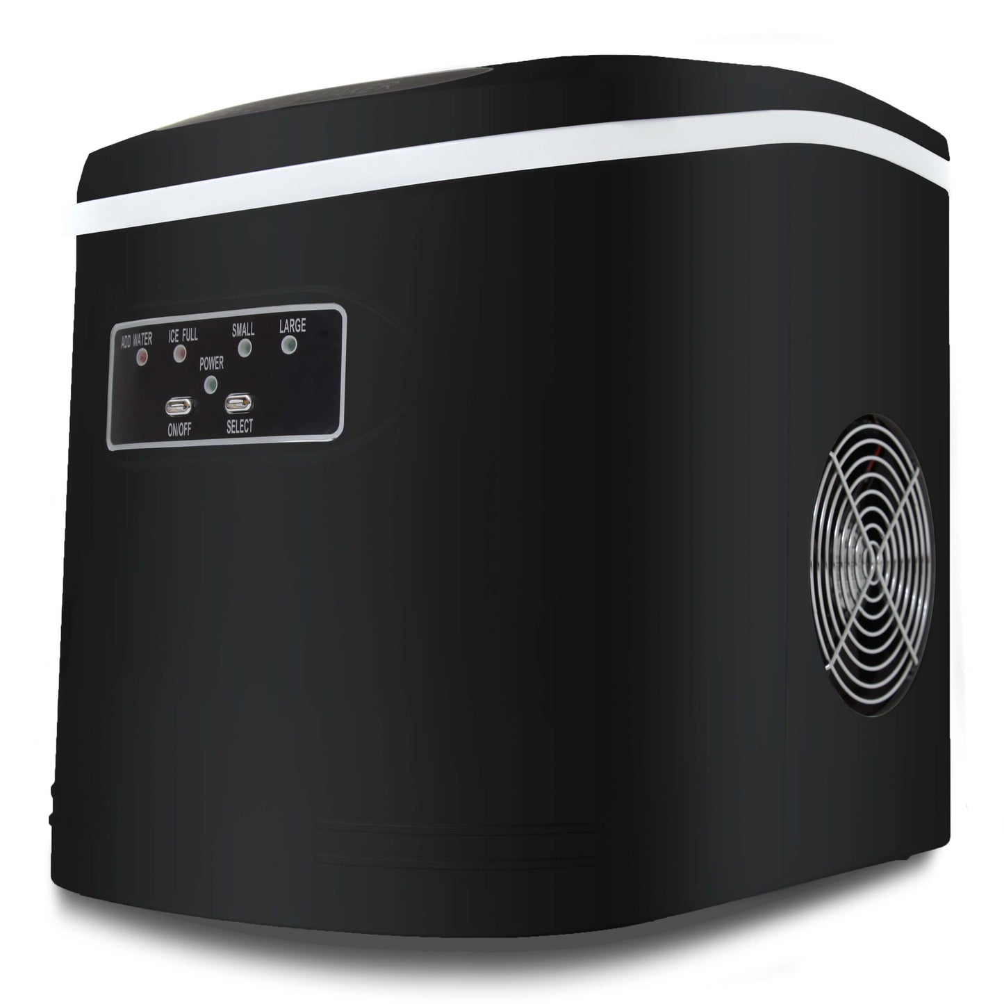 A compact black and white ice maker with a fan, capable of producing up to 27 lbs of bullet-shaped ice cubes per day. No plumbing required.