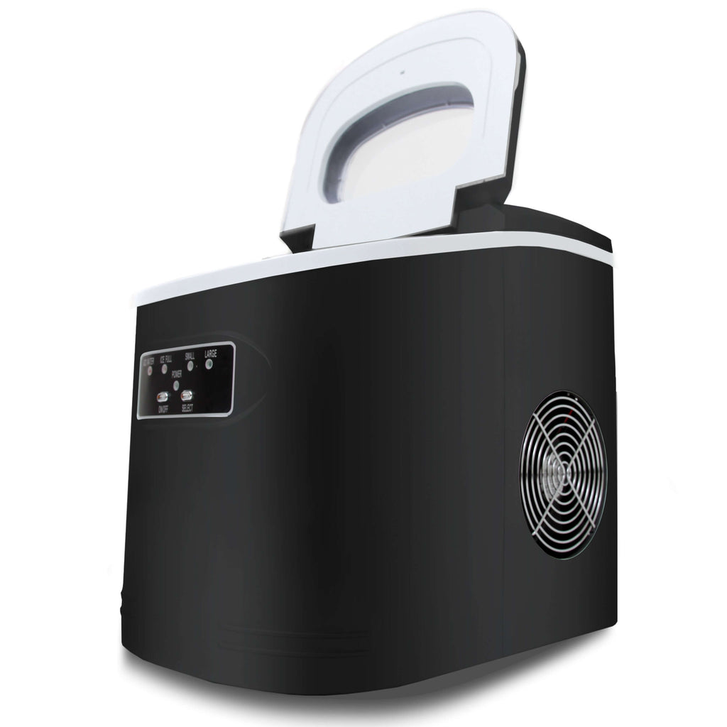 A compact ice maker producing 27 lbs of bullet-shaped ice cubes per day. No plumbing required. Choose ice size and watch it make ice in 6-9 minutes.
