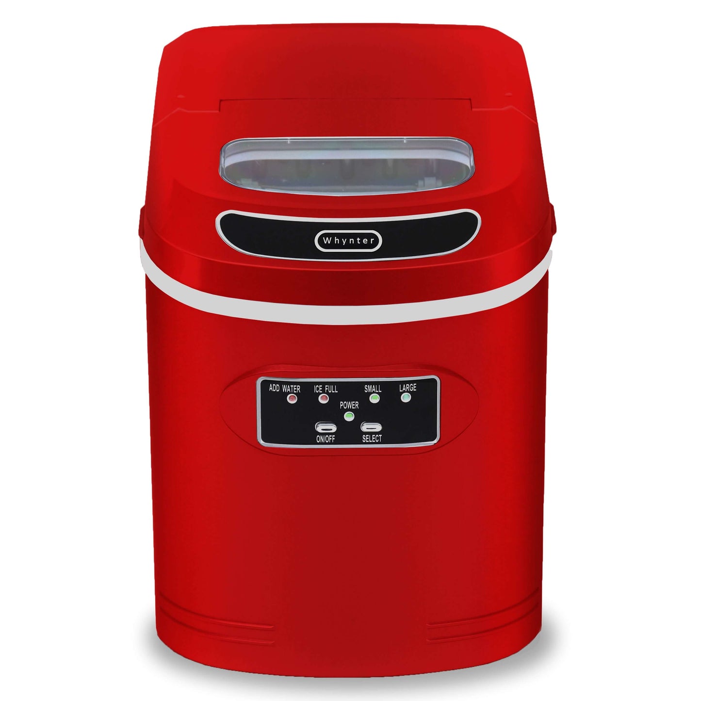 A red compact portable ice maker with buttons and a glass top, capable of producing up to 27 pounds of bullet-shaped ice cubes per day. No plumbing required.